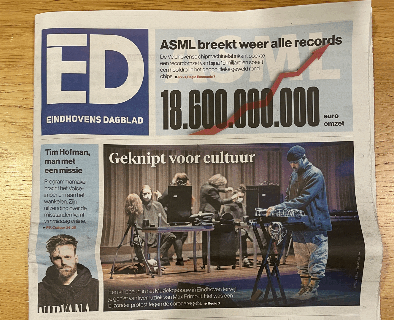 Max Frimout en Muziekgebouw op voorpagina Eindhovens Dagblad